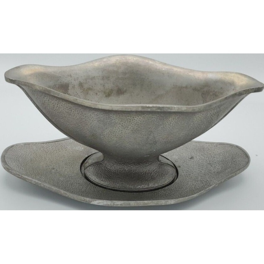 Vintage Cast Hammered Aluminum Gravy Boat Guardian Service 2 Pc Underplate‎ Gray